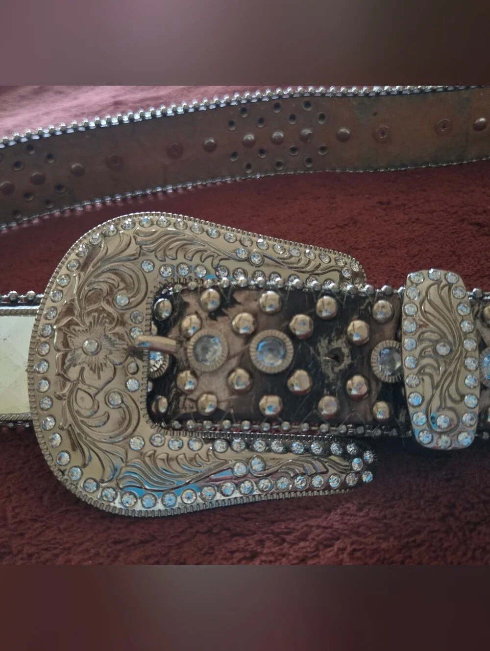 MONTANA WEST Women's Rhinestone Embellished Western Camo Belt. Silver. LG. EUC!